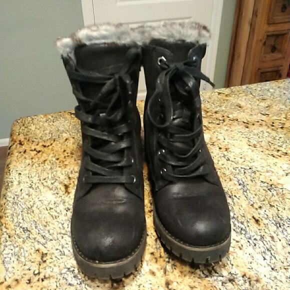 Steve Madden Comfort Faux Fur Trim Lace Up Combat Ankle Boots Bootie Black 9 - Picture 5 of 12